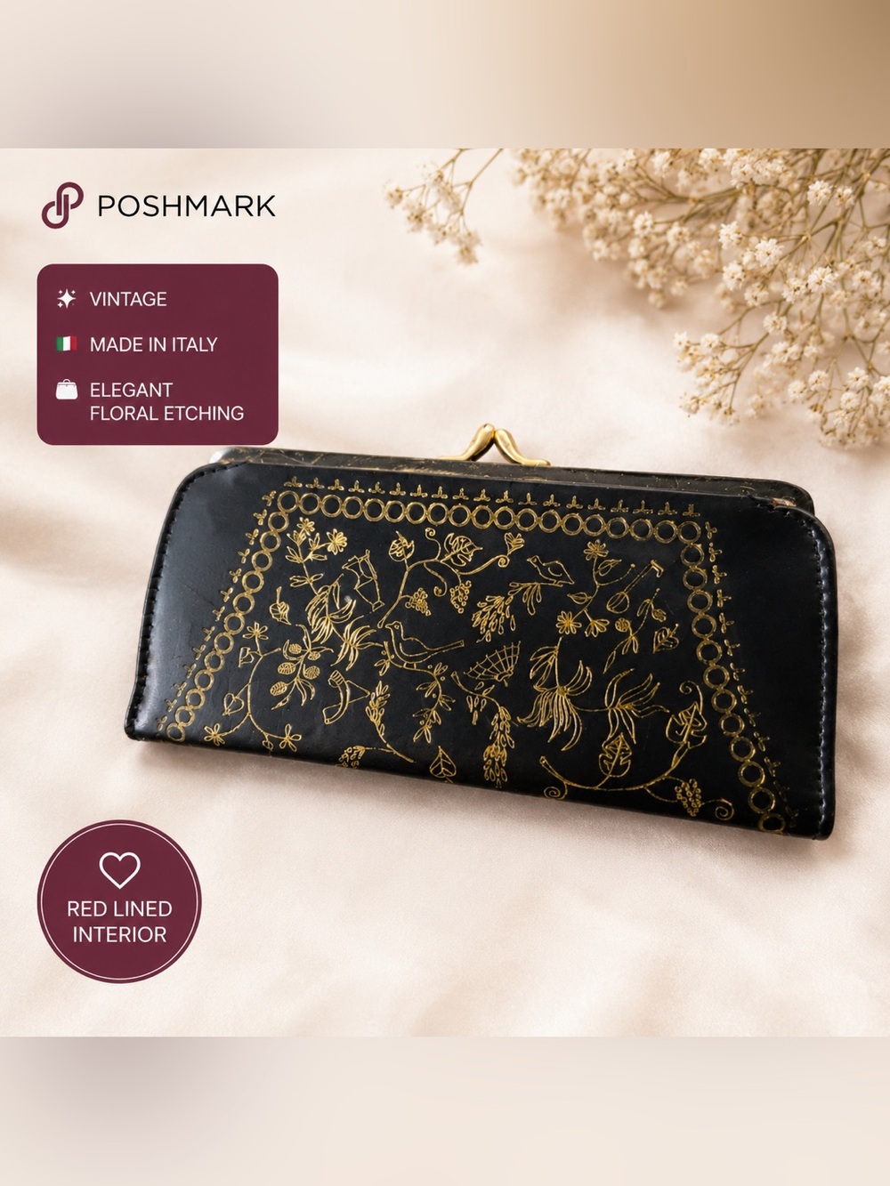 Vintage Black Gold Italian Clasp Wallet Red Lined  Elegant Floral Etching